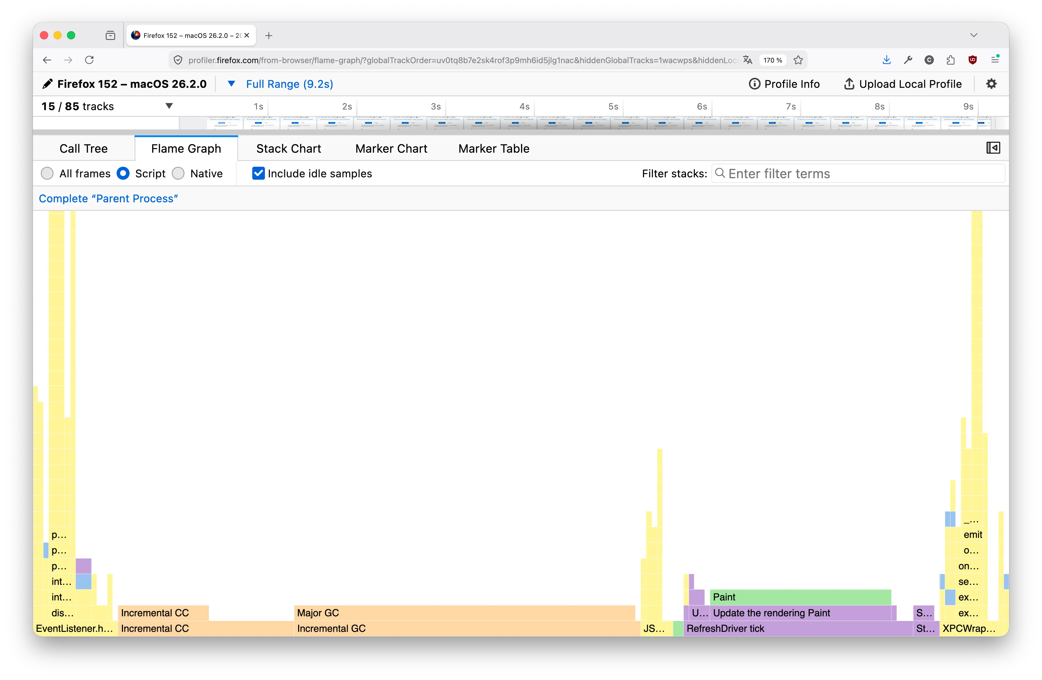 Fiber의 잘게 쪼개진 JS 실행 블록 — Firefox Profiler Flame Graph