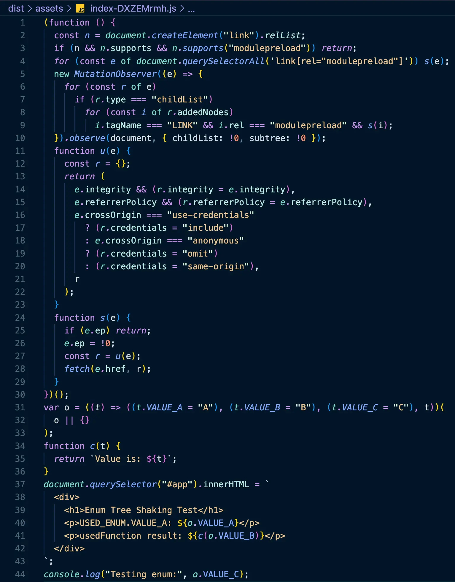 Vite 번들 파일 - UNUSED_ENUM이 제거된 결과