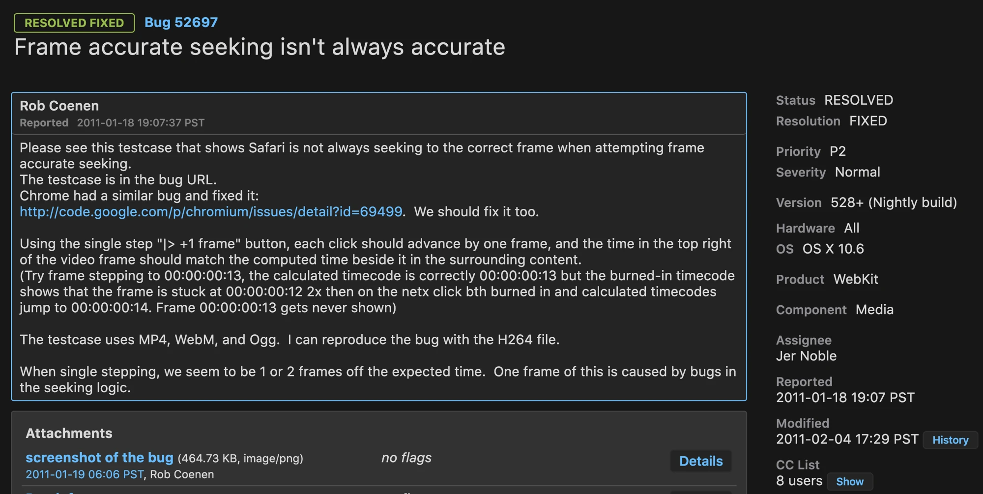 WebKit Bug 52697 - Frame accurate seeking isn't always accurate