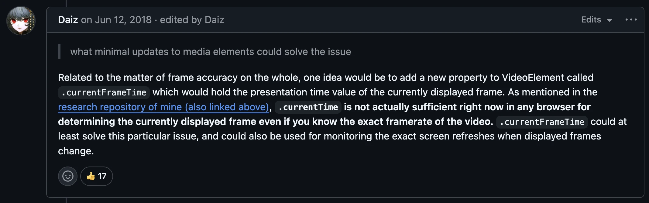 W3C 이슈 댓글 - currentTime만으로는 현재 프레임을 특정할 수 없다